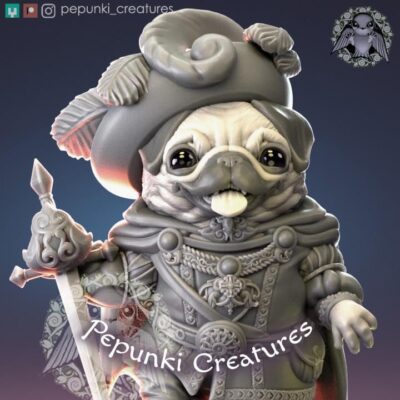 Pug Chevalier Swordsman - Tabletop or Display Scale - 3D Printed, TTRPG, Pepunki, DnD Miniatures, Figure, Garage Kit, Model Painting