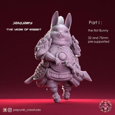 Bunny Warrior - Tabletop or Display Scale - 3D Printed, TTRPG, Pepunki, DnD Miniatures, Figure, Garage Kit, Model Painting
