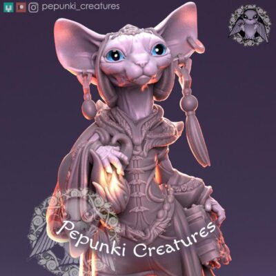 Sphynx Cat Mage - Tabletop or Display Scale - 3D Printed, TTRPG, Pepunki, DnD Miniatures, Figure, Garage Kit, Model Painting