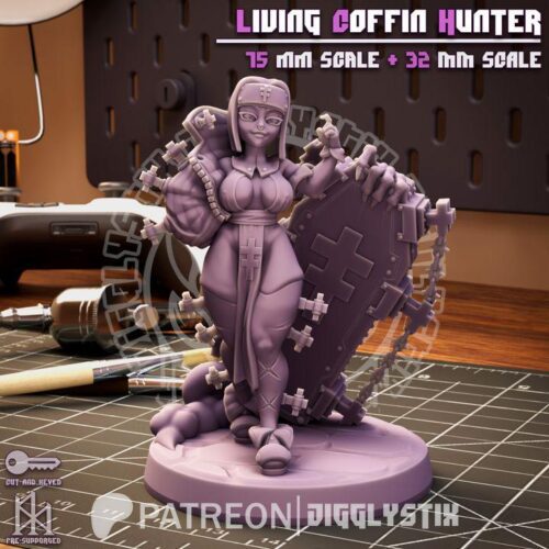 Living Coffin Hunter - 32mm/75mm - Jigglystix, Resin Print, Waifu, Garage Kit, DnD Miniatures, Display Pinup, nsfw, Model Paint - Image 2