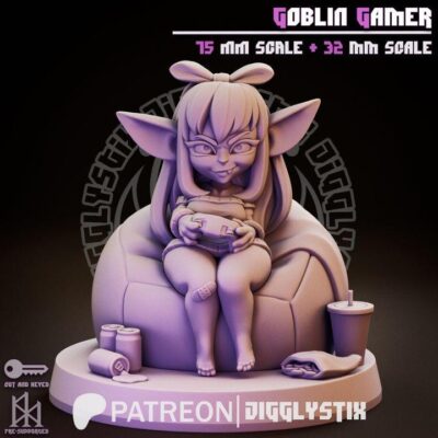 Goblin Gamer Girl - 32mm/75mm, Resin Print, Waifu, Anime Figure, Garage Kit, DnD Miniatures, Display Pinup, Model Paint, Jigglystix