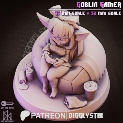 Goblin Gamer Girl - 32mm/75mm, Resin Print, Waifu, Anime Figure, Garage Kit, DnD Miniatures, Display Pinup, Model Paint, Jigglystix - Image 4