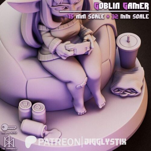 Goblin Gamer Girl - 32mm/75mm, Resin Print, Waifu, Anime Figure, Garage Kit, DnD Miniatures, Display Pinup, Model Paint, Jigglystix - Image 3