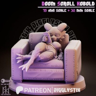 Doom Scroll Kobold - 32mm/75mm, Resin Print, Waifu, Anime Figure, Garage Kit, DnD Miniatures, Display Pinup, Model Paint, Jigglystix
