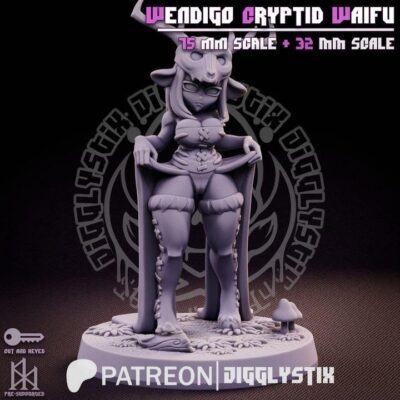 Wendigo Cryptid Waifu - 32mm/75mm, Resin Print, Waifu, Anime Figure, Garage Kit, DnD Miniatures, Display Pinup, Model Paint, Jigglystix