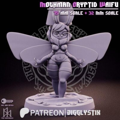 Mothman Waifu - 32mm/75mm, Resin Print, Waifu, Anime Figure, Garage Kit, DnD Miniatures, Display Pinup, Model Paint, Jigglystix