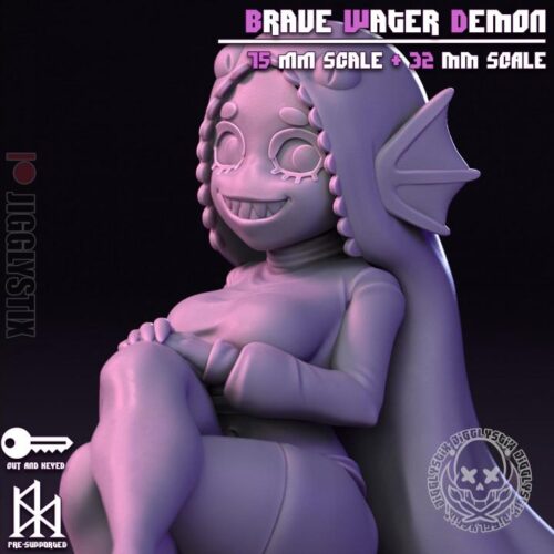 Brave Water Demon - 32mm/75mm - Jigglystix, Resin Print, Waifu, Garage Kit, DnD Miniatures, Display Pinup, nsfw, Model Painting - Image 3