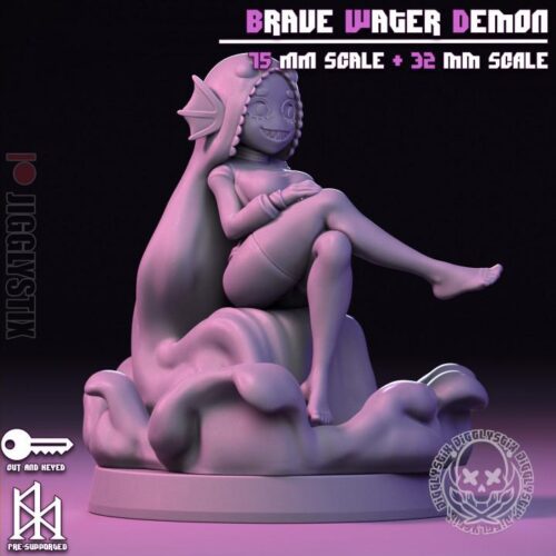 Brave Water Demon - 32mm/75mm - Jigglystix, Resin Print, Waifu, Garage Kit, DnD Miniatures, Display Pinup, nsfw, Model Painting - Image 4