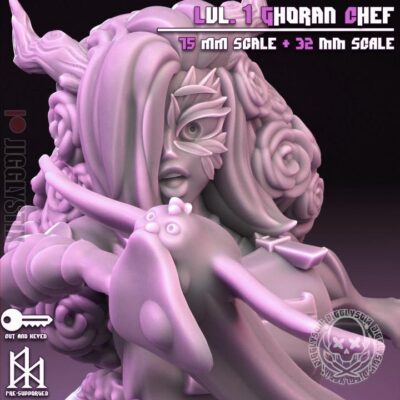 Lvl 1 Ghoran Chef - 32mm/75mm - Jigglystix, Resin Print, Waifu, Garage Kit, DnD Miniatures, Display Pinup, nsfw, Model Painting