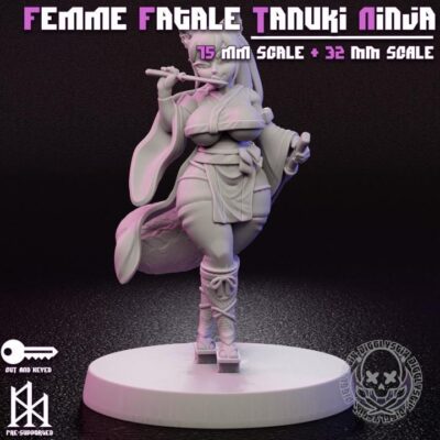 Femme Fatale Tanuki Ninja - 32mm/75mm - Jigglystix, Resin Print, Waifu, Garage Kit, DnD Miniatures, Display Pinup, nsfw, Model Painting