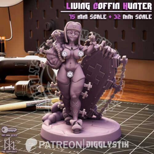 Living Coffin Hunter - 32mm/75mm - Jigglystix, Resin Print, Waifu, Garage Kit, DnD Miniatures, Display Pinup, nsfw, Model Paint - Image 5