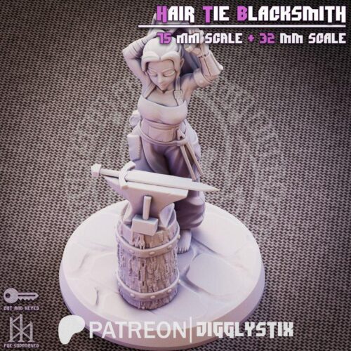 Hair Tie Blacksmith - 32mm/75mm, Resin Print, Waifu, Anime Figure, Garage Kit, DnD Miniatures, Display Pinup, Model Paint, Jigglystix - Image 4