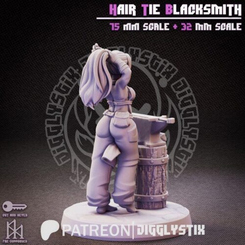 Hair Tie Blacksmith - 32mm/75mm, Resin Print, Waifu, Anime Figure, Garage Kit, DnD Miniatures, Display Pinup, Model Paint, Jigglystix - Image 6