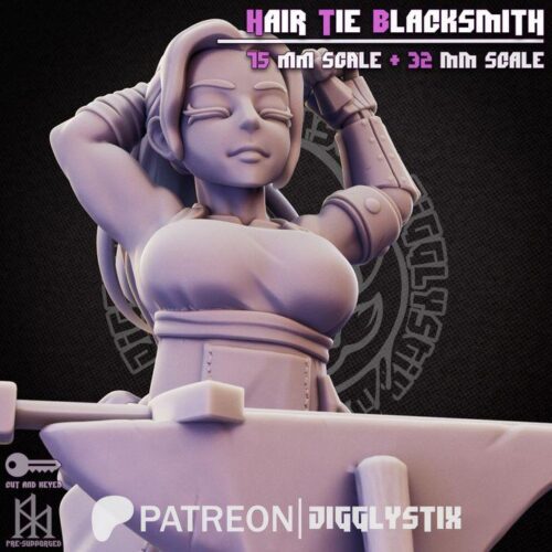 Hair Tie Blacksmith - 32mm/75mm, Resin Print, Waifu, Anime Figure, Garage Kit, DnD Miniatures, Display Pinup, Model Paint, Jigglystix - Image 2