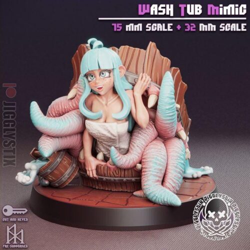 Wash Tub Mimic - 32mm/75mm - Jigglystix, Resin Print, Waifu, Garage Kit, DnD Miniatures, Display Pinup, nsfw, Model Paint